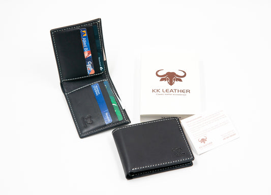 Black leather wallet with card slots on a white background, featuring the KK Leather logo.